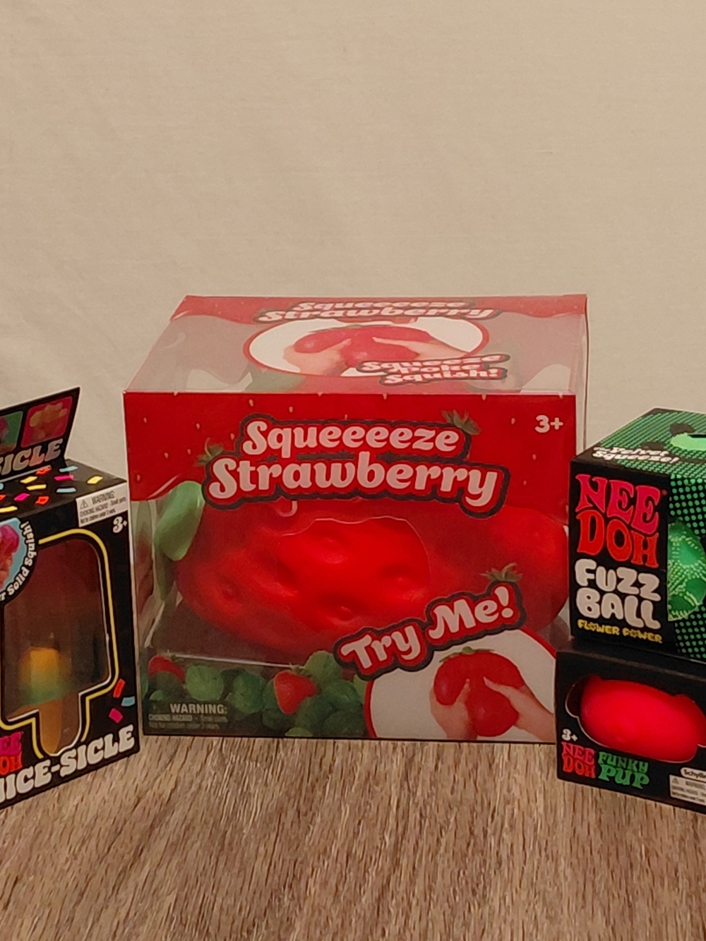 Huge Squishy Lot Needoh Nice-sicle, Pink Funky Pup, Green Fuzz Ball & Strawberry